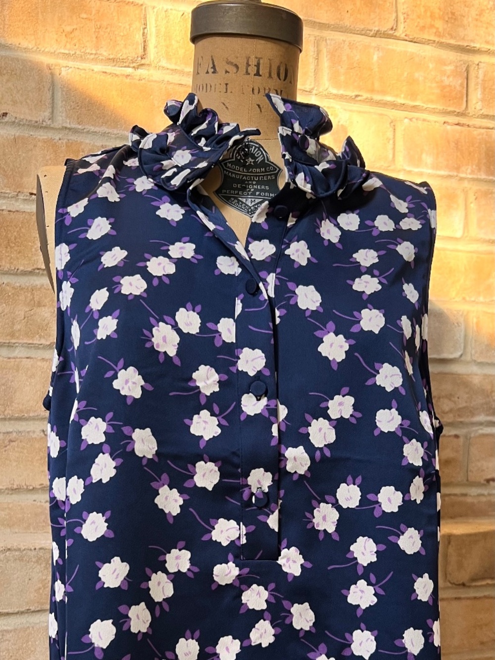 J.Crew Navy Purple Floral Sleeveless Ruffle Neck Blouse Size S
